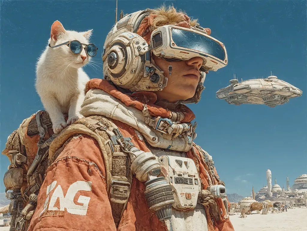 A futuristic astronaut, wearing a weathered orange suit and bulky backpack, dons a VR headset. A white cat wearing sunglasses sits perched on the astronaut's shoulder.  In the background, a spaceship hovers above a desert landscape with futuristic buildings, creating a scene of sci-fi adventure.  The overall style is digital painting with a slightly gritty texture.