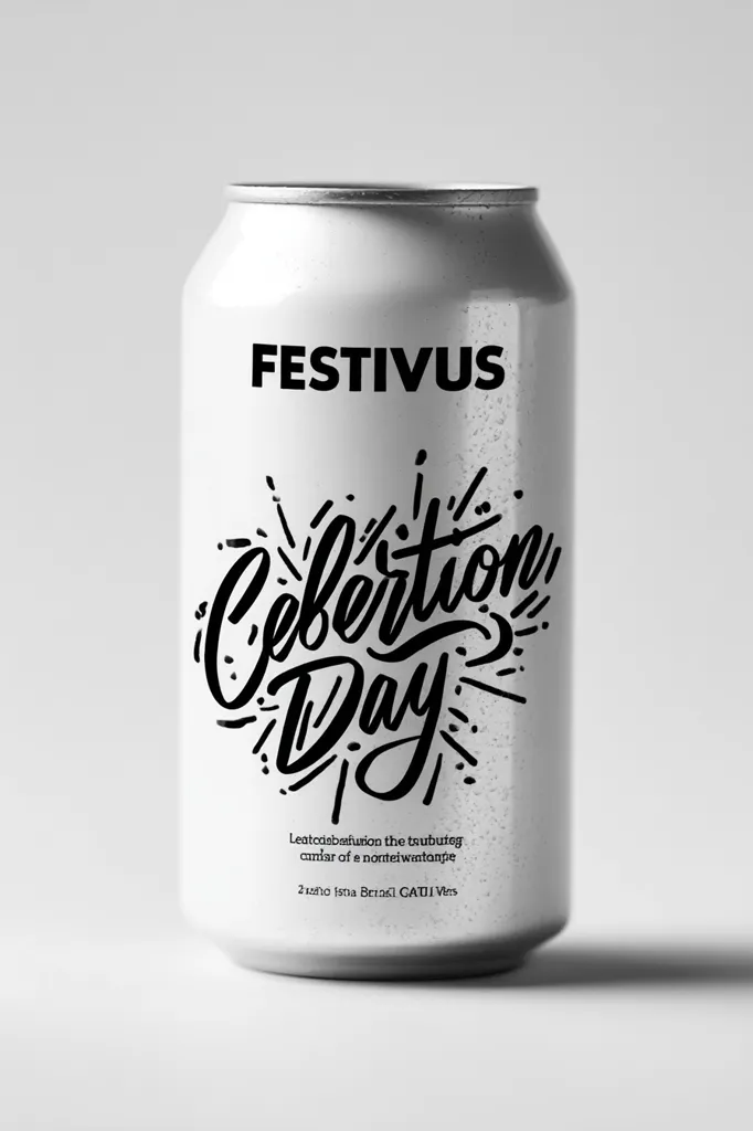 A white aluminum can features the word "FESTIVUS" at the top, followed by stylized lettering reading "Celebration Day".  Small text at the bottom appears to be a playful, possibly misspelled, phrase and product information. The overall design is minimalist and monochromatic.