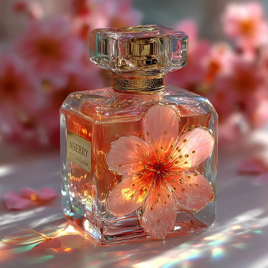 A square glass perfume bottle with a gold cap sits on a white surface.  A delicate, pressed pink flower is incorporated into the bottle's design.  The bottle's label partially reads "NSERRY".  The background is blurred but shows a cluster of pink blossoms, creating a soft, romantic atmosphere.  Sunlight casts iridescent reflections on the surface.