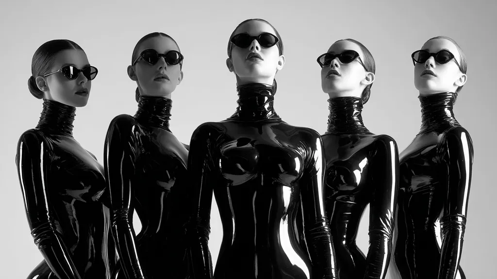Five women in black latex turtlenecks and sunglasses pose in a studio shot.  The monochrome image emphasizes the sleek, shiny texture of the clothing and the uniformity of their poses.  They stand shoulder to shoulder, creating a visually striking and symmetrical arrangement. The overall mood is one of cool, controlled intensity.