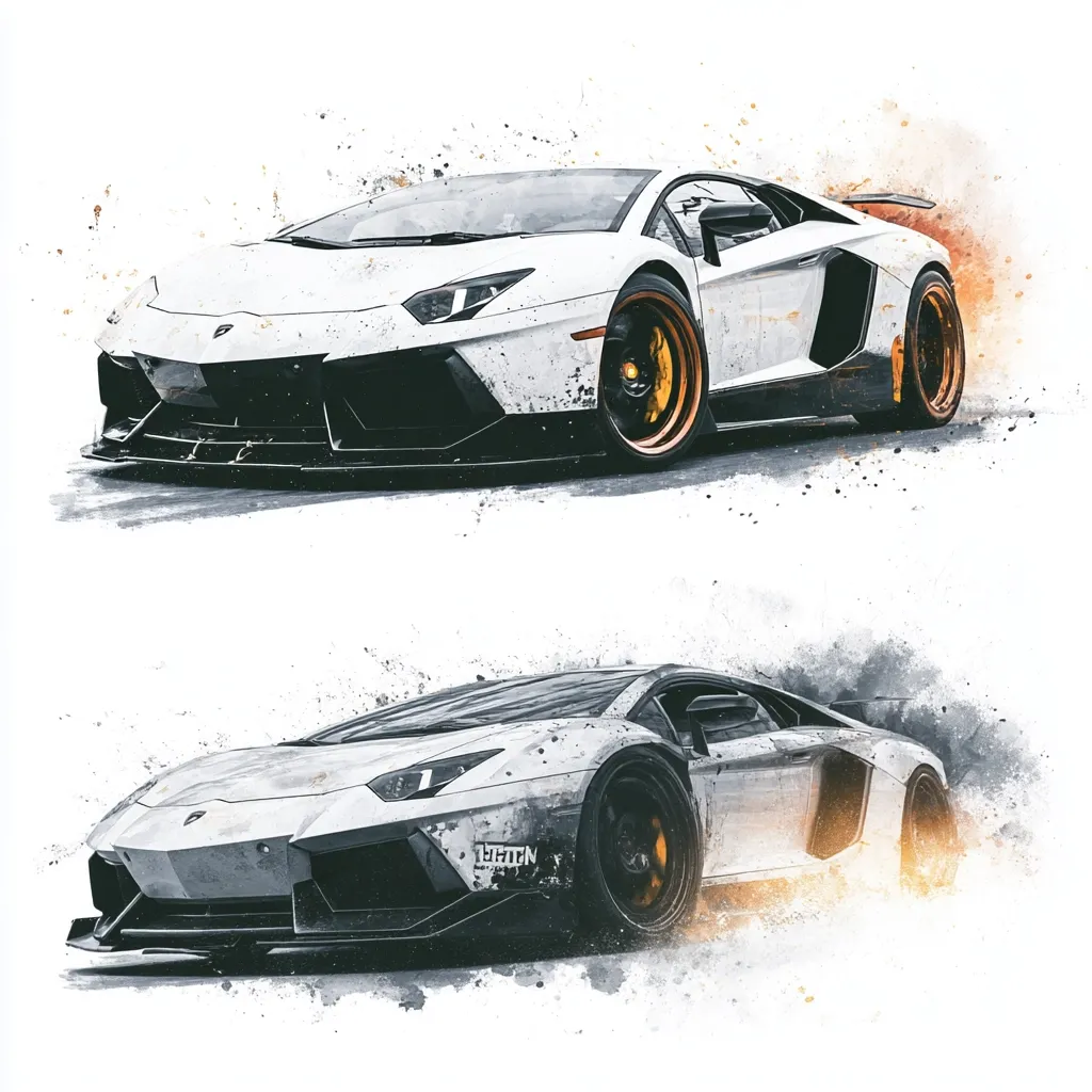 The image showcases two meticulously detailed Lamborghini Aventadors.  Both are predominantly white with black accents and feature modified body kits, enhancing their aggressive aesthetic.  They are depicted in motion, surrounded by a stylized watercolor effect suggesting speed and dynamism, against a stark white background. The overall style is artistic and emphasizes the cars' power and beauty.