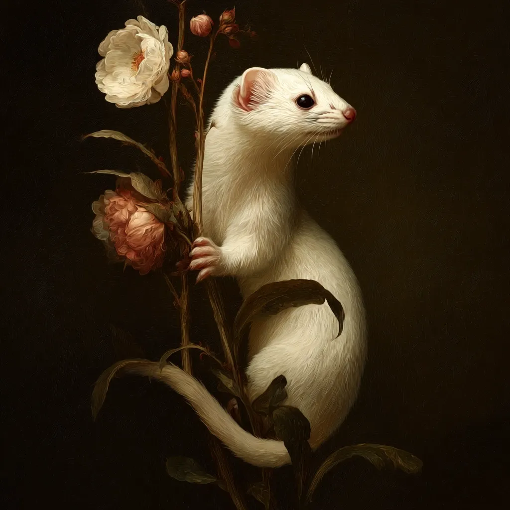 A digitally painted image in the style of a 17th-century Dutch Masters still life.  A white ermine is depicted perched on a dark-toned flowering plant.  The ermine's fur is meticulously detailed, contrasting with the muted tones of the flowers – a pale white blossom and a deeper peach-colored bloom.  The dark background enhances the subjects, creating a dramatic and elegant composition.