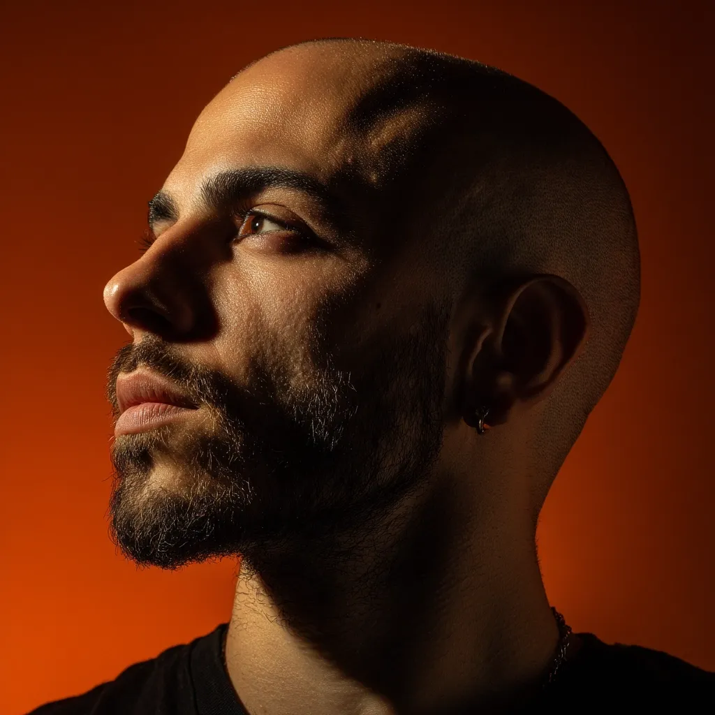 Close-up profile of a bald, bearded man against a burnt orange background.  His gaze is directed upward and slightly to his left.  The lighting emphasizes the texture of his skin and beard, casting shadows that accentuate his facial features. He wears a simple dark shirt and a small earring. The overall mood is contemplative and serious.