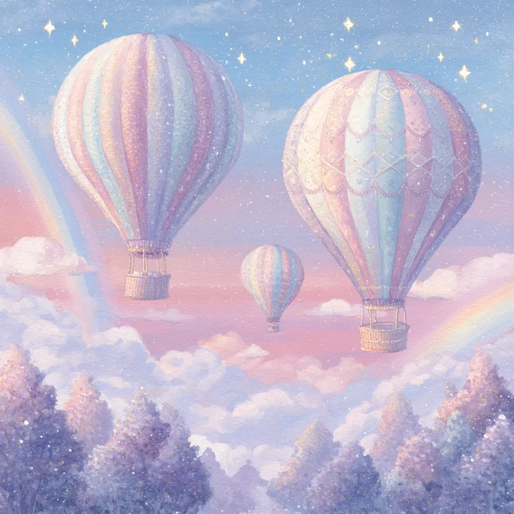 Three pastel-colored hot air balloons drift through a dreamy, starlit sky.  Soft pink and purple hues dominate the scene, accented by a faint rainbow and fluffy clouds.  A smaller balloon trails behind the larger two, creating a whimsical and peaceful atmosphere. The landscape below is a gentle forest, shrouded in a similar soft palette of purples and pinks.  The overall effect is one of serene fantasy.