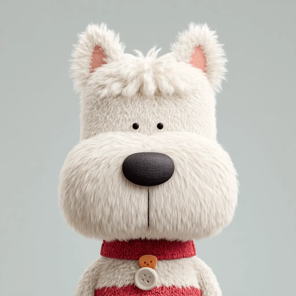 A close-up shot of a fluffy, white, cartoon dog.  Its large, expressive eyes and small, black nose are prominent features.  The dog wears a red knitted collar with a button detail, adding a touch of warmth and charm to its adorable appearance. The image is rendered in a 3D style, emphasizing the texture of the fur.
