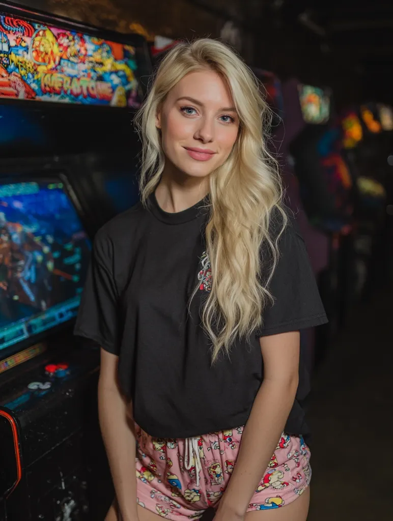 A young blonde woman with a friendly smile stands in front of retro arcade games. She's wearing a black t-shirt and pink cartoon-print shorts. The background is dimly lit, focusing attention on the subject.  The overall mood is casual and inviting. The image suggests a fun, playful atmosphere.
