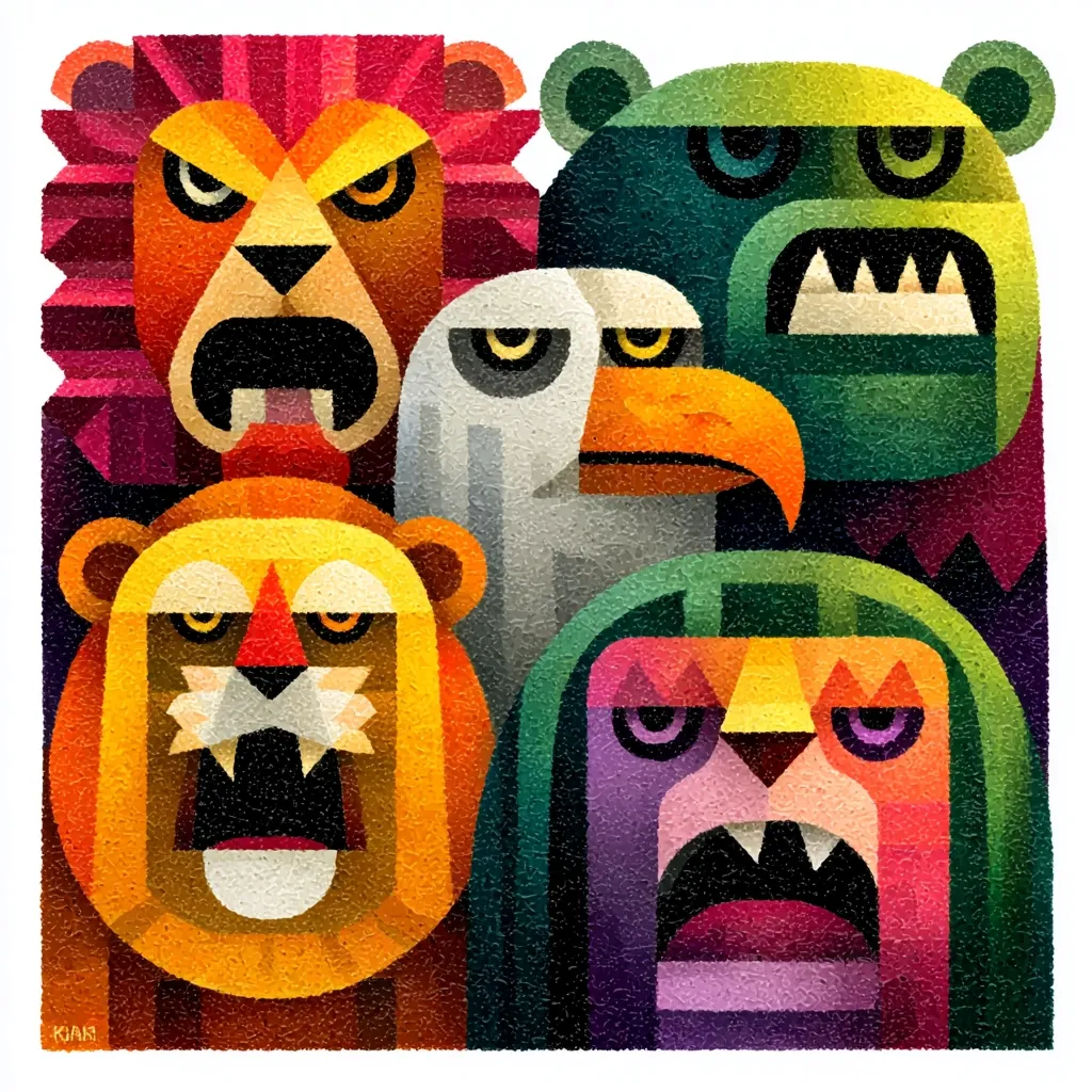A vibrant, geometric artwork depicts five stylized animal heads: two lions, a bear, an eagle, and a creature resembling a lioness with purple mane.  The animals are rendered in bold, flat colors with a pointillist texture.  Their expressions are fierce, with open mouths and intense eyes, creating a powerful and slightly menacing composition.  The overall style is bold and graphic.