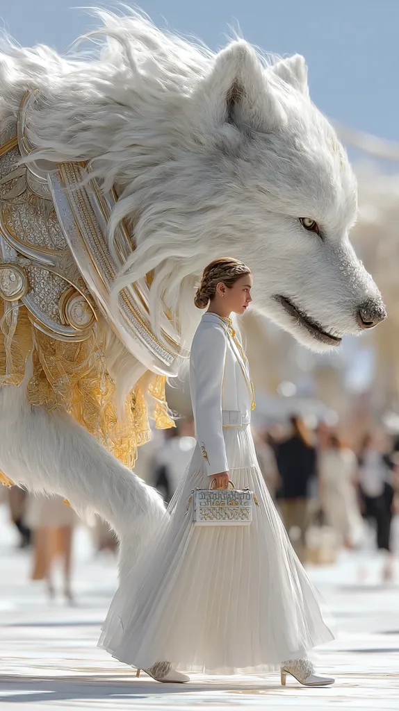 A woman in a flowing white pleated gown and heels walks alongside a large, majestic white wolf adorned with ornate gold details.  The wolf is depicted as a fantastical creature, its fur voluminous and ethereal. The scene is set outdoors in bright sunlight, with a blurred background suggesting a fashion show or similar event. The overall aesthetic is one of elegant fantasy and high fashion.