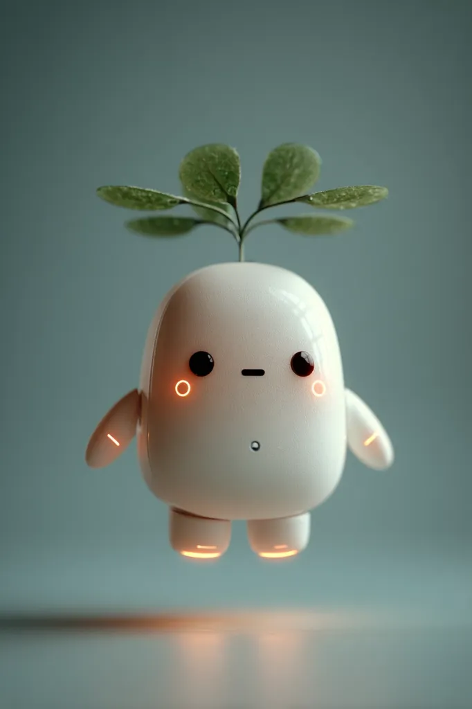 A cute, white, robot-like character floats against a muted teal background.  It has a simple, friendly face with small, dark eyes and glowing orange cheeks. A small green plant sprouts from its head. The robot's design is smooth and rounded, giving it a soft, approachable appearance.  Its small arms are slightly outstretched.  The overall aesthetic is minimalist and calming.
