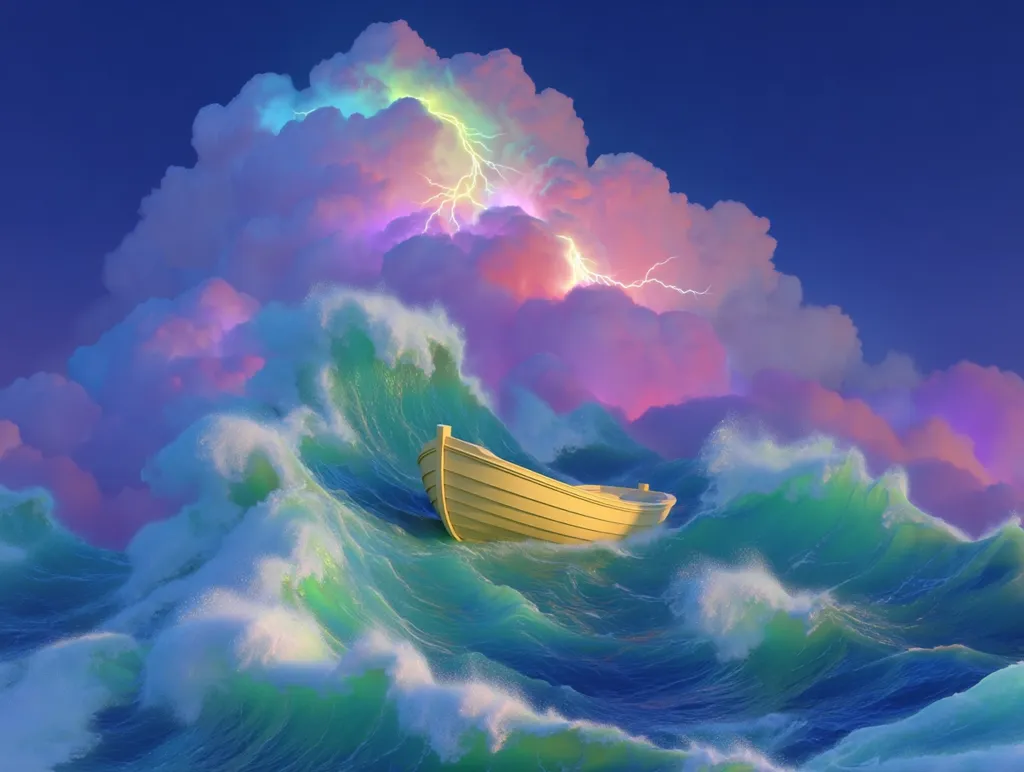 A small, pale yellow boat navigates tumultuous, teal-green waves beneath a vibrant sky.  A massive, pastel-colored cloud looms overhead, lit by streaks of lightning.  The scene evokes a feeling of both danger and ethereal beauty, suggesting a journey through a stormy yet fantastical seascape. The contrast between the tiny boat and the immense power of nature is striking.