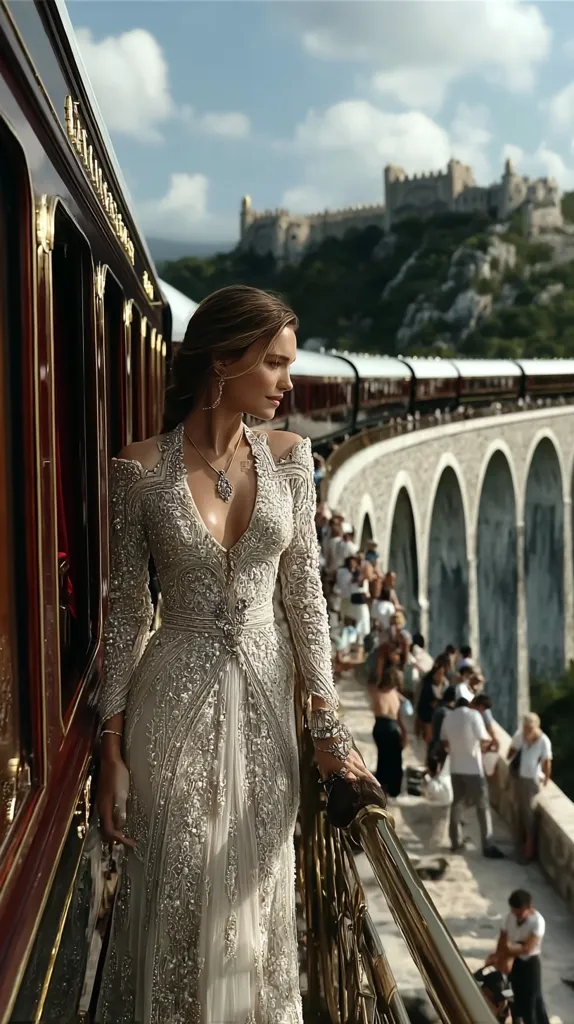 A woman in an intricately beaded, off-the-shoulder gown stands on a bridge overlooking a picturesque landscape.  A vintage train car is visible behind her, and a majestic castle crowns a distant hill. The scene evokes a sense of romance and old-world elegance.  Crowds of people are visible in the background, adding a vibrant touch to the image.  The woman's elegant jewelry complements her stunning dress.