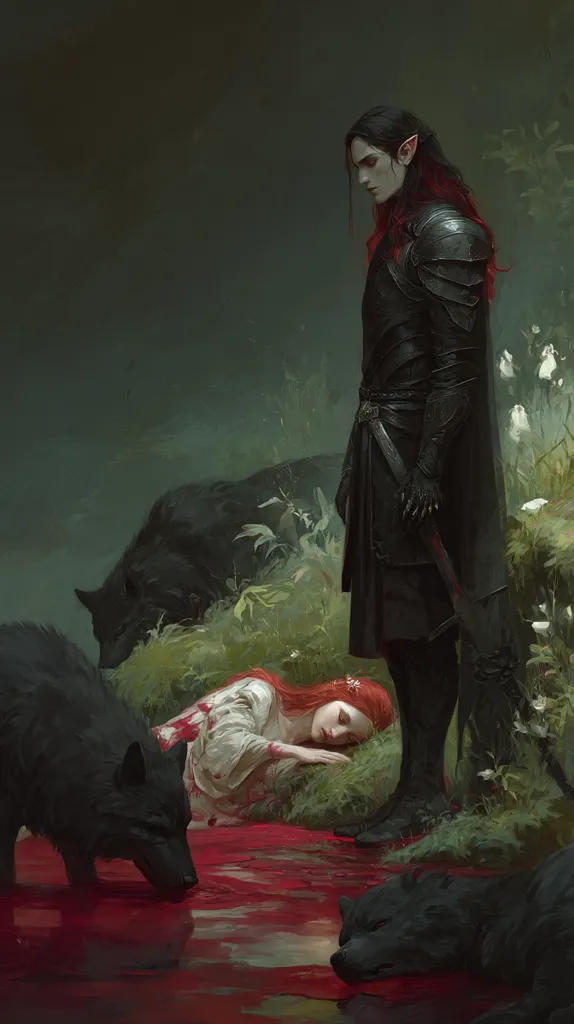 A dark-haired elf, clad in black armor, stands solemnly over a woman lying lifeless in a pool of blood.  Two black wolves flank the scene, one near the woman, the other near the elf's feet.  The atmosphere is somber and tinged with tragedy, set against a backdrop of dark green foliage and white flowers.  The overall image suggests a narrative of loss and perhaps violence.