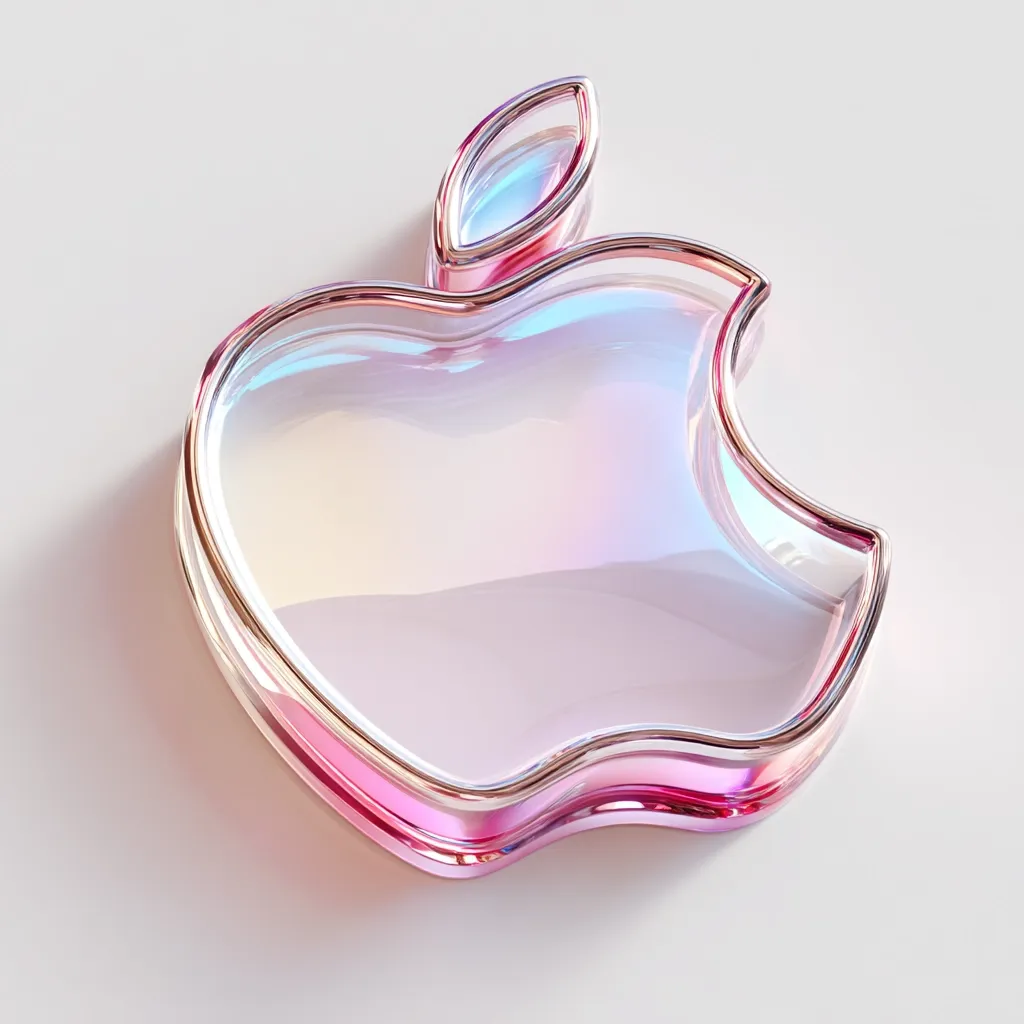A stylized, iridescent glass Apple logo is presented.  The logo is rendered in shades of pink and white, with a translucent quality that reveals a subtle play of light and color.  The smooth, glossy surface reflects the surrounding environment, enhancing its three-dimensional appearance. The design is modern and elegant, emphasizing a sleek, minimalist aesthetic.