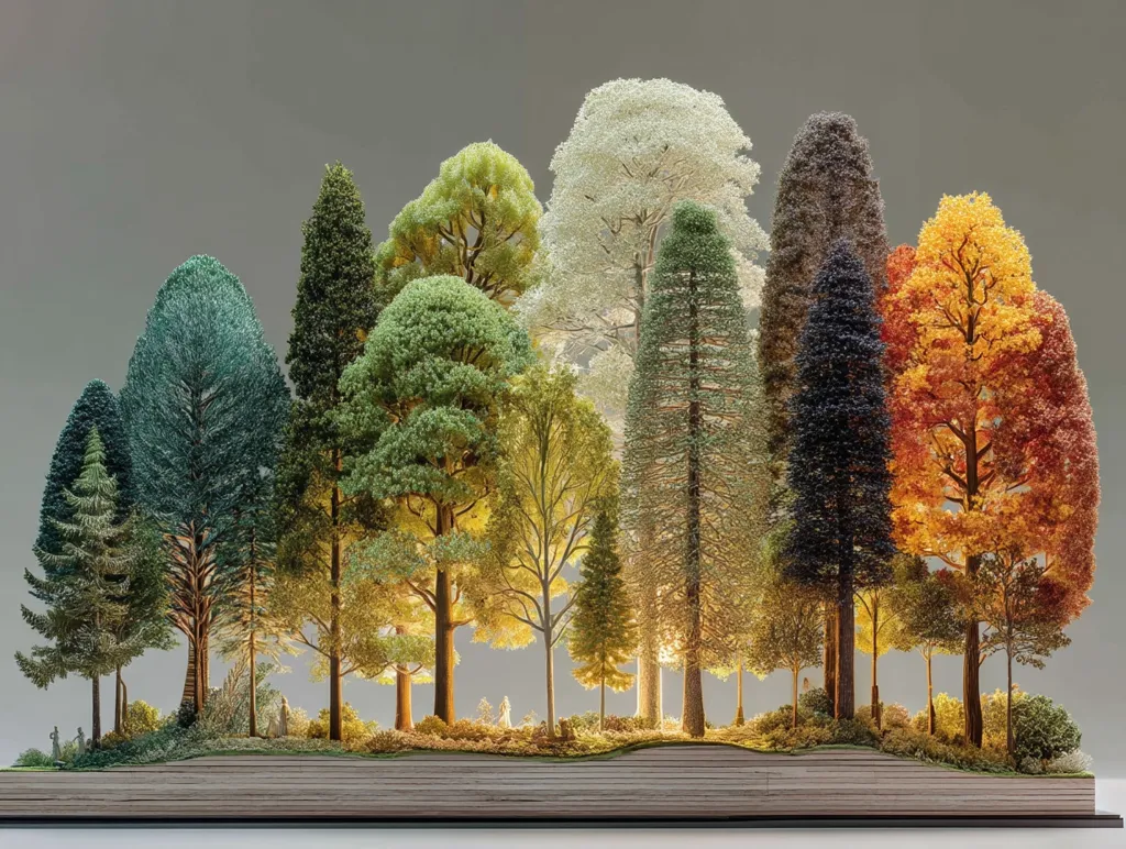 A meticulously crafted miniature forest scene sits atop a thick book.  Various tree species, rendered in vibrant hues representing different seasons, are artfully arranged.  The trees, with their detailed foliage and illuminated bases, create a captivating display of miniature woodland beauty. Tiny figures are subtly placed within the miniature landscape, adding a sense of scale and depth. The overall effect is one of quiet, enchanting realism.