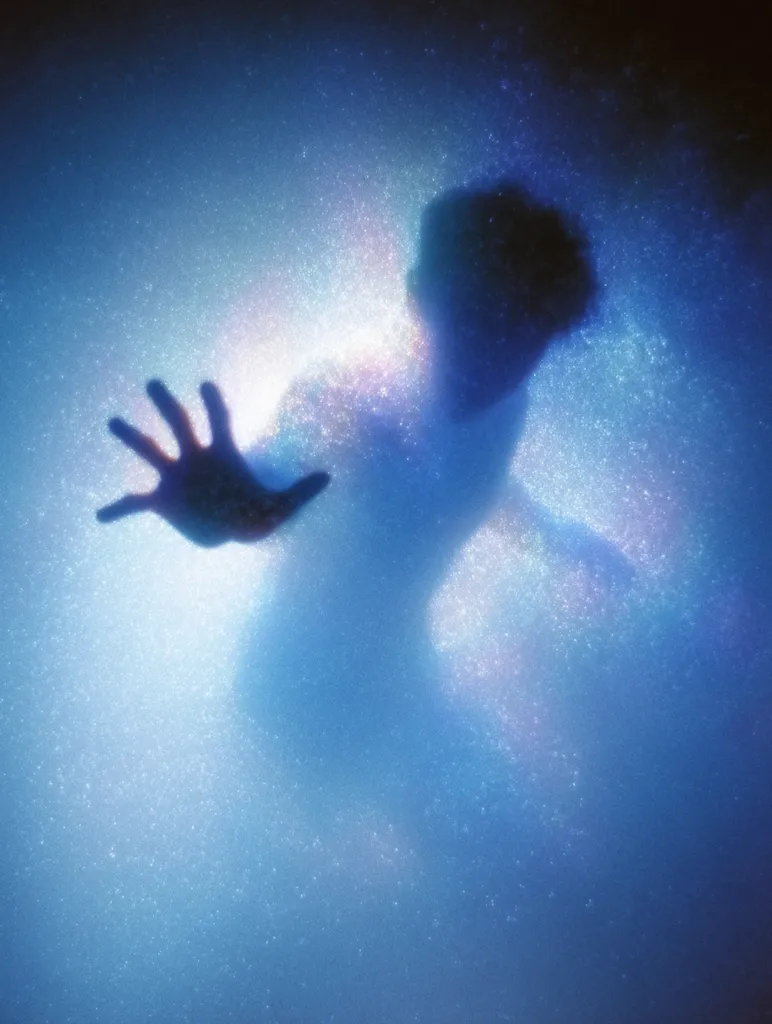 A shadowy figure, seemingly submerged in a luminous, blue liquid, is depicted.  The figure's hand reaches out, creating a dramatic contrast against the sparkling, ethereal background. The overall effect is one of mystery and otherworldly beauty, suggesting themes of submersion, transformation, or escape. The image evokes a sense of depth and wonder.