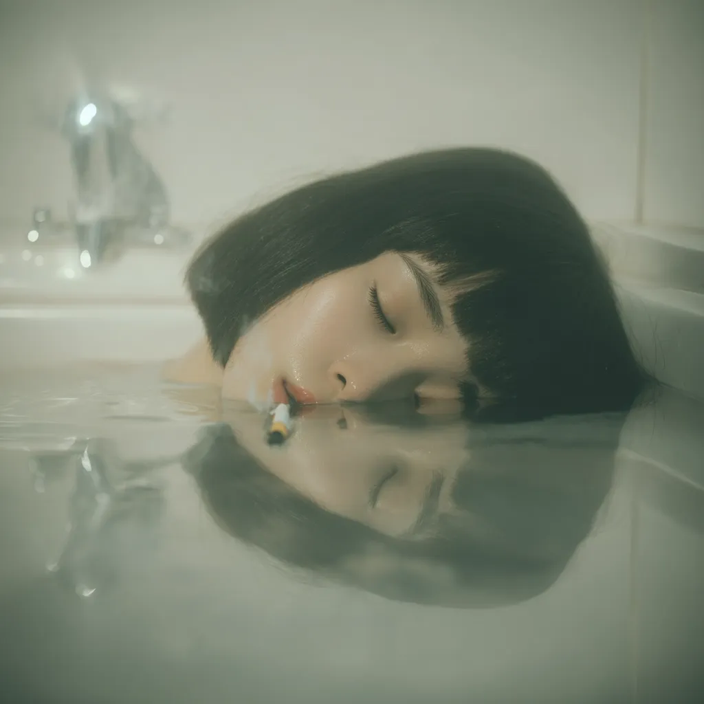 A young woman with short black hair lies submerged in a bathtub, her eyes closed.  A cigarette rests near her lips, partially submerged in the water. The image is muted in tone, creating a melancholic and serene atmosphere. Her reflection is visible in the still water, mirroring her peaceful yet unsettling pose.  The overall effect is one of quiet contemplation or resignation.