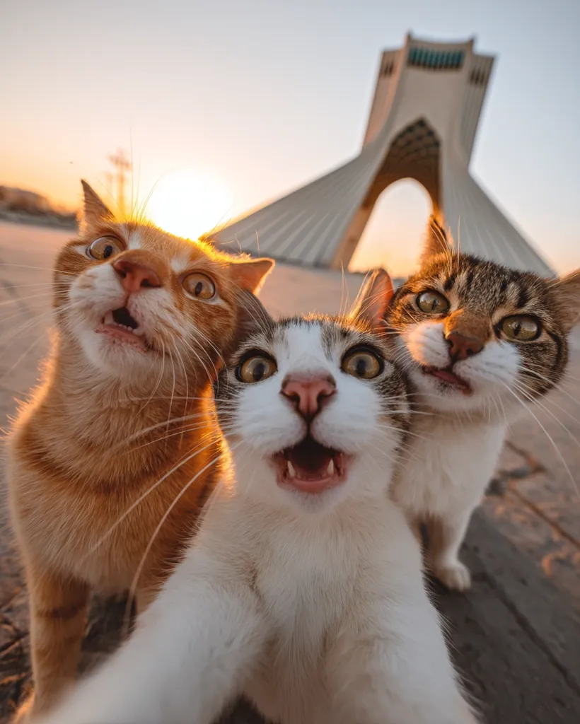 Three cats pose for a selfie against the backdrop of the iconic Azadi Tower in Tehran, Iran.  A ginger cat, a tabby, and a calico cat are all in focus, their expressions ranging from surprised to playful. The warm sunset light illuminates the scene, creating a vibrant and memorable image.  The perspective is from the calico cat's point of view, making it appear as though the cats are taking a self-portrait.