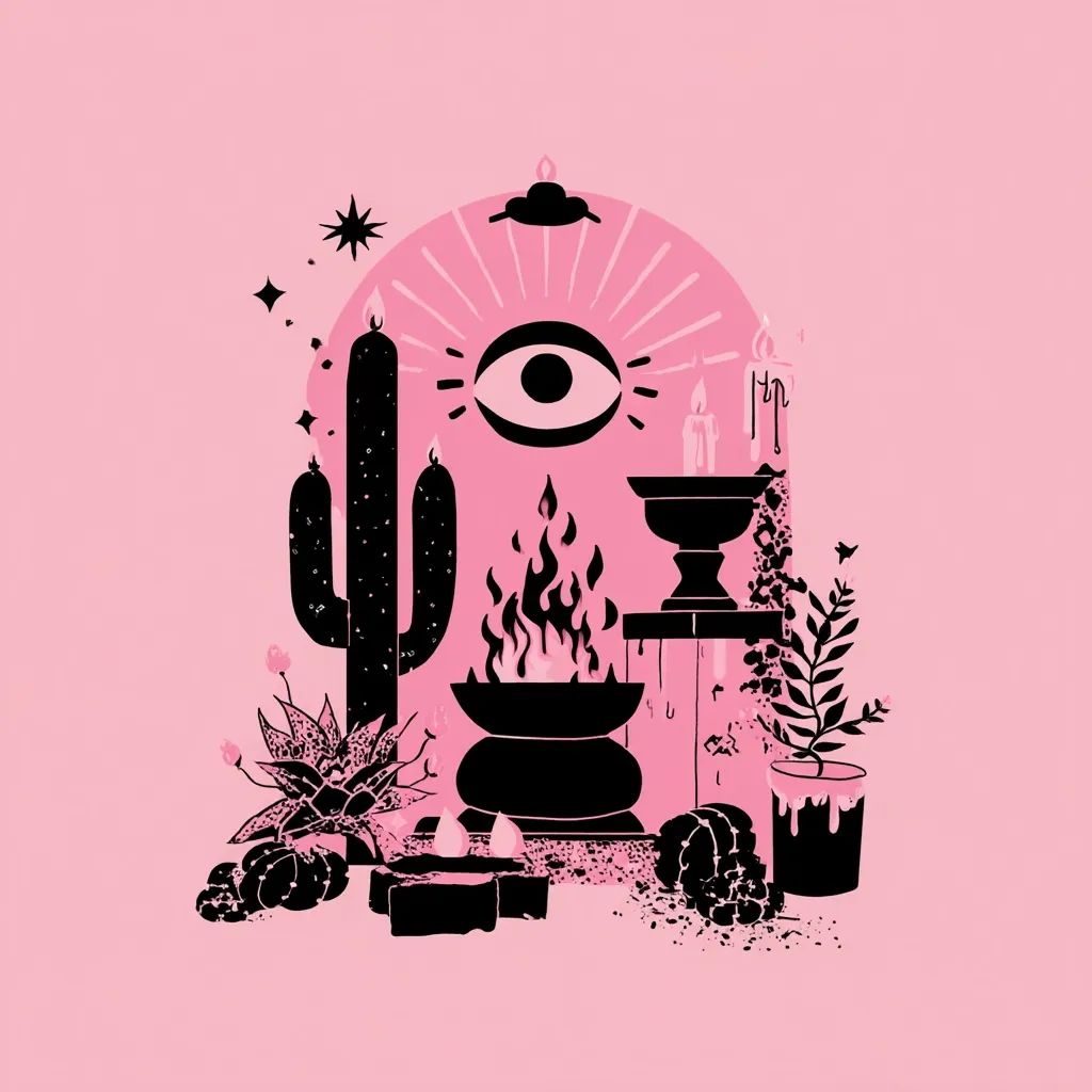 A stylized illustration depicts a mystical scene on a pink background.  Black silhouettes of cacti, candles, a fire bowl, and plants are arranged around a central all-seeing eye symbol.  The style is reminiscent of occult or esoteric imagery, combining elements of nature and spirituality.  The overall effect is both visually striking and evocative of ritual or magic.