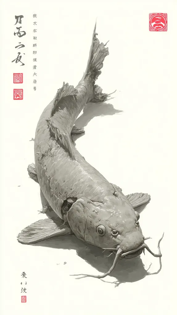 A grayscale illustration showcases a large, decaying fish lying on its side.  Its body is detailed, showing texture and signs of age or decomposition. The fish's fins are splayed out, and its long barbels are prominent.  The style is reminiscent of traditional East Asian ink painting, with a minimalist background emphasizing the fish’s form.  Chinese characters are present, likely the artist's name and title.