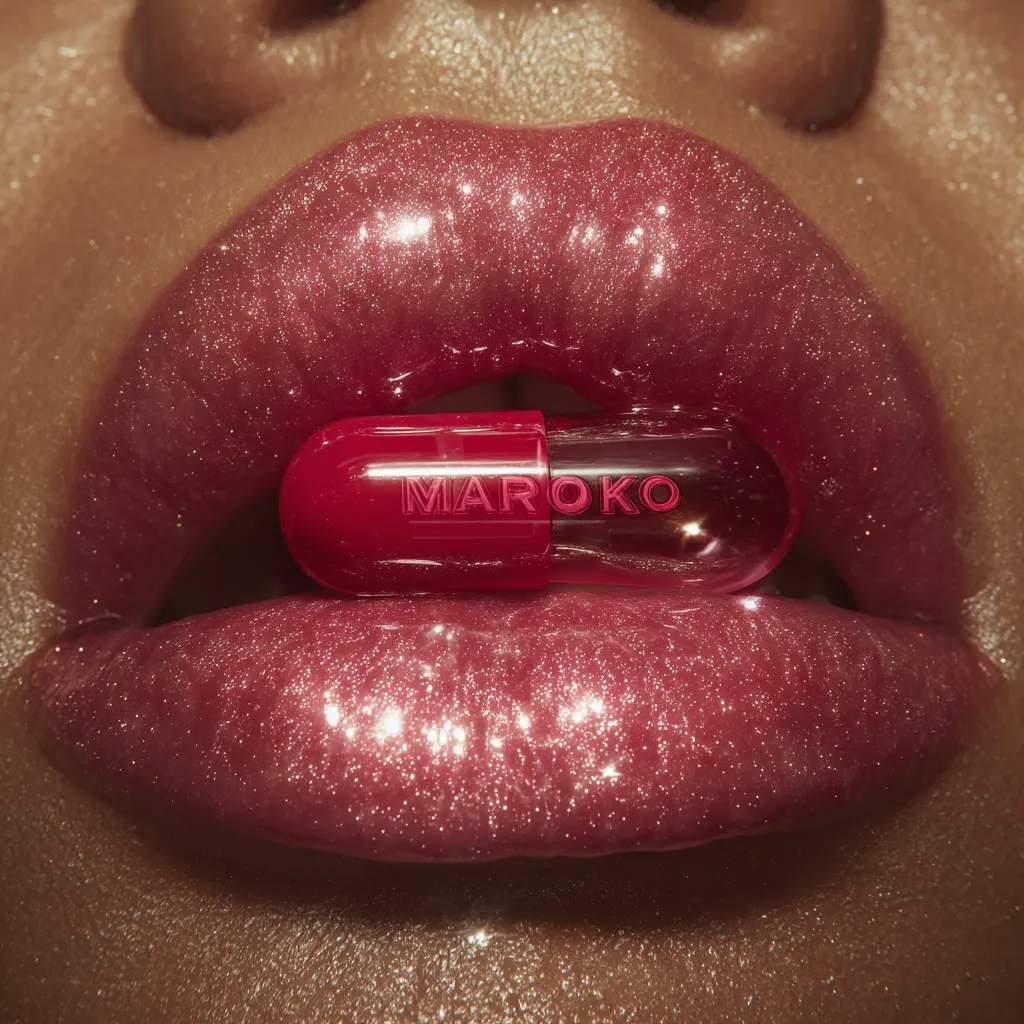 Close-up of a person's glossy, sparkling pink lips gently holding a red capsule with "MAROKO" imprinted on it. The image is highly stylized, focusing on texture and color contrast, creating a glamorous and slightly surreal effect.  The lighting highlights the shimmer in the lip gloss and the reflective surface of the capsule.