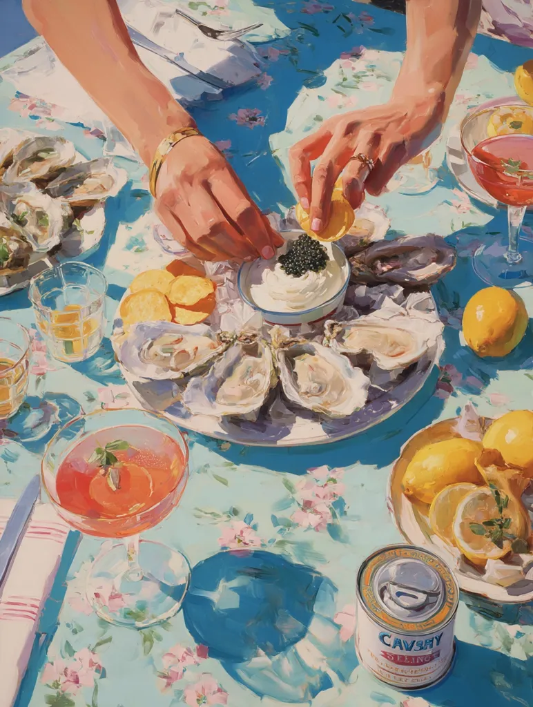 A vibrant painting depicts a sun-drenched outdoor luncheon.  Two elegant hands delicately add lemon to oysters arranged on a floral tablecloth.  A bowl of creamy sauce and caviar sits nearby, alongside glasses of pink cocktails and lemon slices.  The scene exudes luxury and summery joy, with a can of Cavishy shelling oysters adding a touch of casual sophistication.  The bright colors and painterly style create a feeling of warmth and effortless elegance.