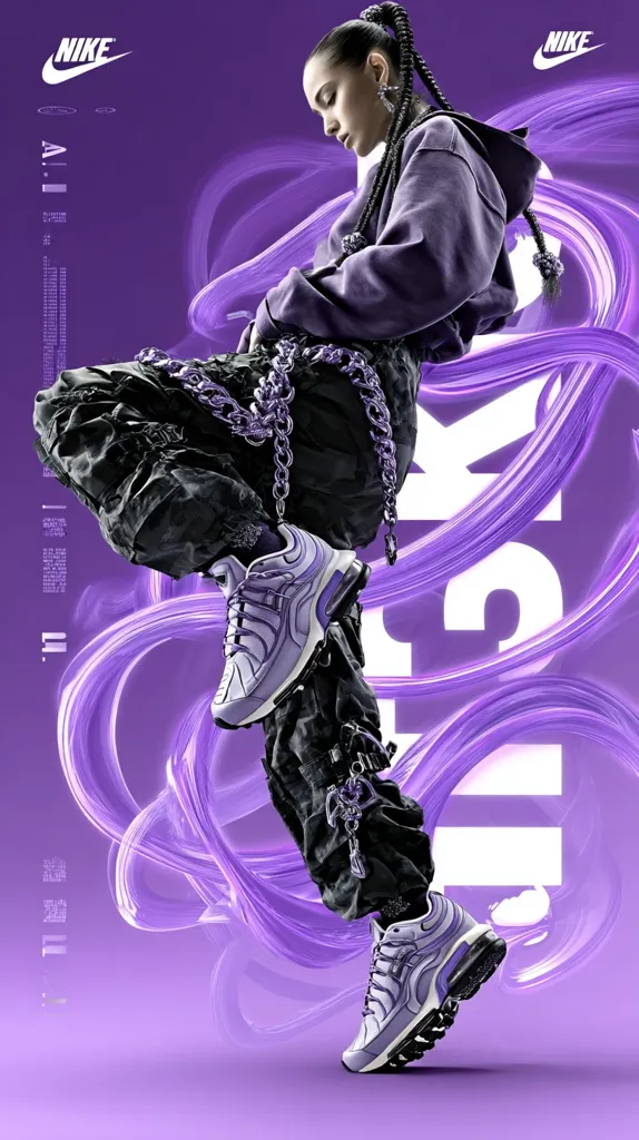 A dynamic promotional image showcases a woman in a purple Nike outfit, striking a pose against a vibrant purple backdrop.  She wears cargo pants, a hoodie, and chunky lilac Nike Air Max Plus sneakers.  A silver chain adds a stylish accent to her ensemble.  The background features swirling purple abstract shapes, enhancing the image's energetic and modern feel.  The Nike logo is prominently displayed.