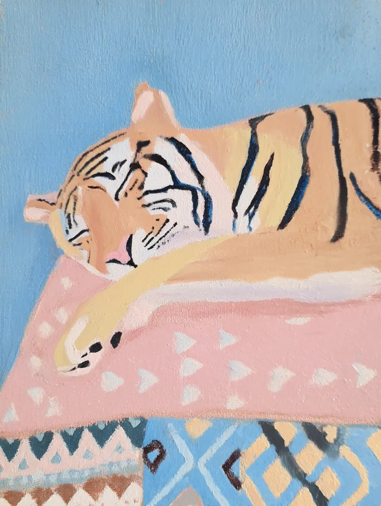 A stylized painting depicts a tiger resting peacefully on a patterned rug. The tiger's fur is rendered in soft peach and cream tones with dark stripes, its expression serene. The rug features a pink layer with small triangle patterns, overlaid with a geometric design in muted blues, browns, and creams. The background is a light blue, providing a calming contrast to the warm hues of the tiger and rug.  The painting style is loose and expressive, emphasizing texture and color.
