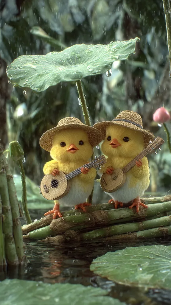 Two adorable, fluffy yellow chicks, wearing straw hats, sit perched on a log over a pond.  Rain falls gently, and a large leaf provides a makeshift umbrella.  Each chick plays a small ukulele, creating a charming and whimsical scene in a lush, green environment.  The image is digitally rendered, with a focus on detail and cuteness.
