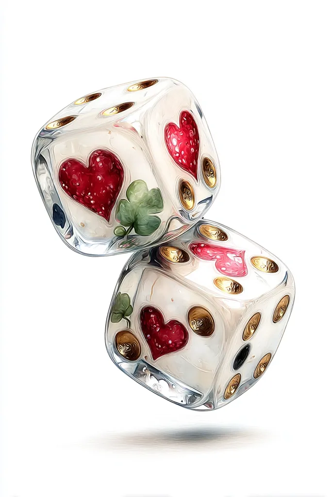 Two transparent dice with gold edges float against a white background.  Each die displays stylized hearts and clovers, reminiscent of playing card suits. The dice appear to be made of glass or a similar translucent material, showcasing the intricate design within. The image has a slightly surreal and artistic quality, likely digitally enhanced or painted.