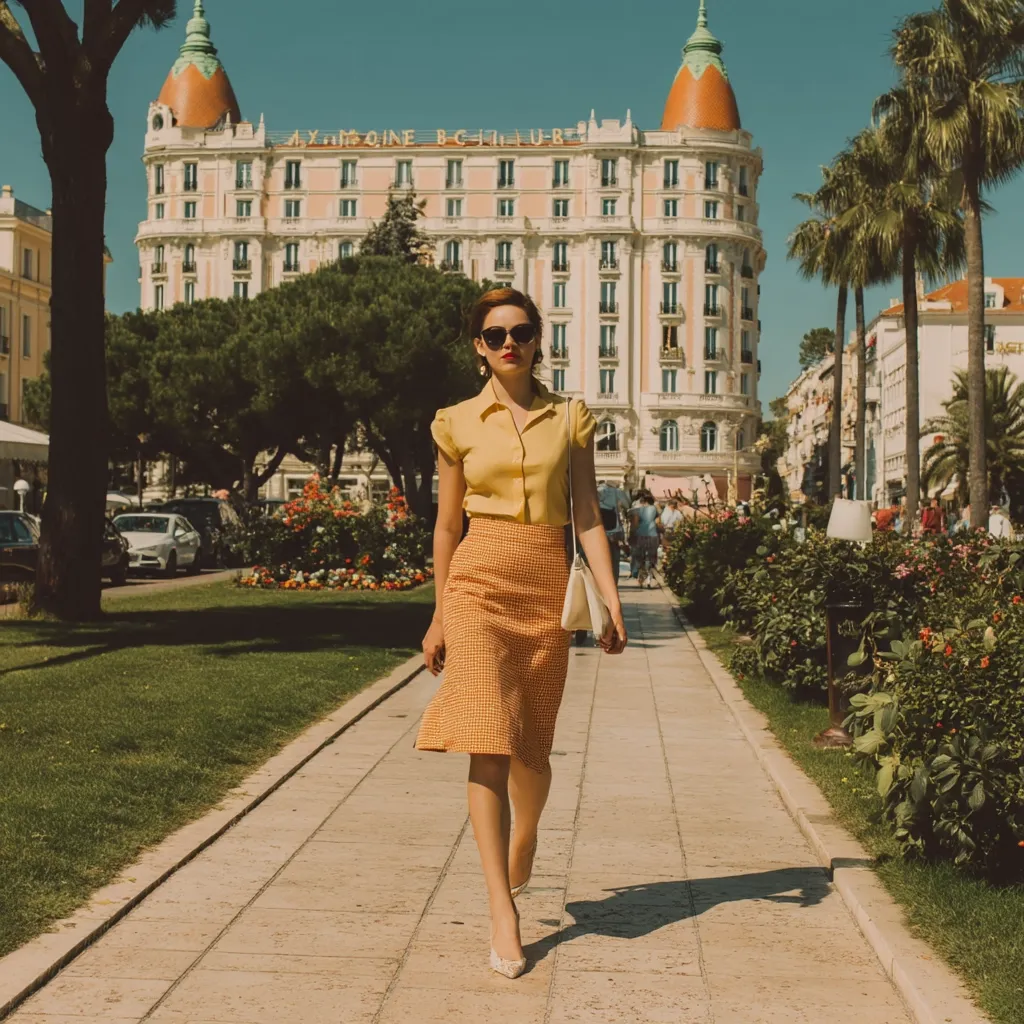 A stylish woman in a yellow blouse and orange gingham skirt strolls down a sun-drenched promenade.  The Hotel Martinez in Cannes, France, forms a majestic backdrop.  Palm trees line the walkway, enhancing the glamorous, vintage atmosphere.  She carries a light-colored handbag and wears sunglasses, completing her chic retro look.
