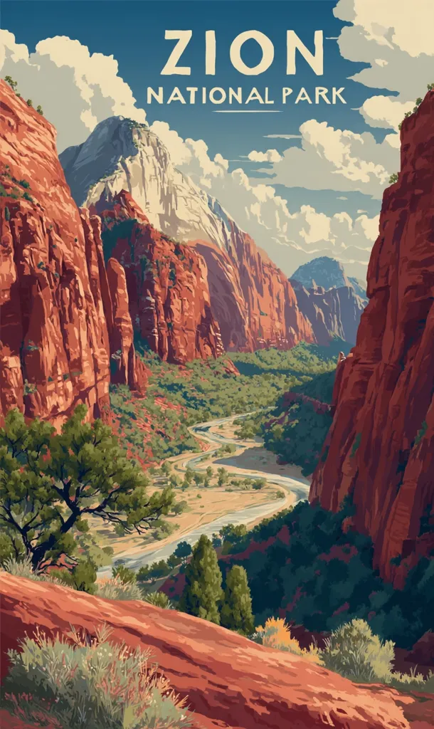 A vibrant vintage-style poster depicts Zion National Park. Towering red rock cliffs frame a meandering river winding through a verdant valley.  The title "Zion National Park" is prominently displayed against a partly cloudy blue sky.  The artwork evokes a sense of adventure and the park's dramatic beauty, perfect for travel promotion.