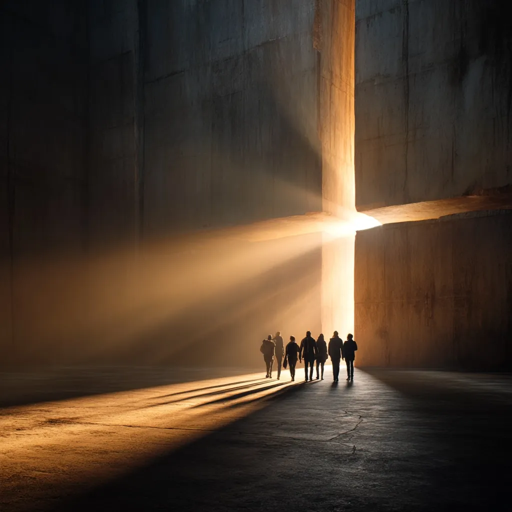 Silhouetted figures walk toward a bright opening in a large, imposing concrete structure.  Golden light streams from the gap, illuminating the figures and casting long shadows on the ground. The scene evokes a sense of hope, journey, and the unknown, as the individuals move towards a radiant light source within the dark, cavernous space. The overall atmosphere is dramatic and mysterious.