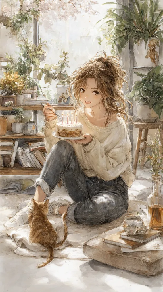 A young woman with brown hair sits on the floor by a sunlit window, holding a small birthday cake with lit candles.  She's wearing a cream-colored sweater and jeans. A ginger cat sits beside her, and various plants and books are scattered around the room, creating a cozy and peaceful atmosphere.  The overall style is soft and whimsical, reminiscent of a watercolor painting.