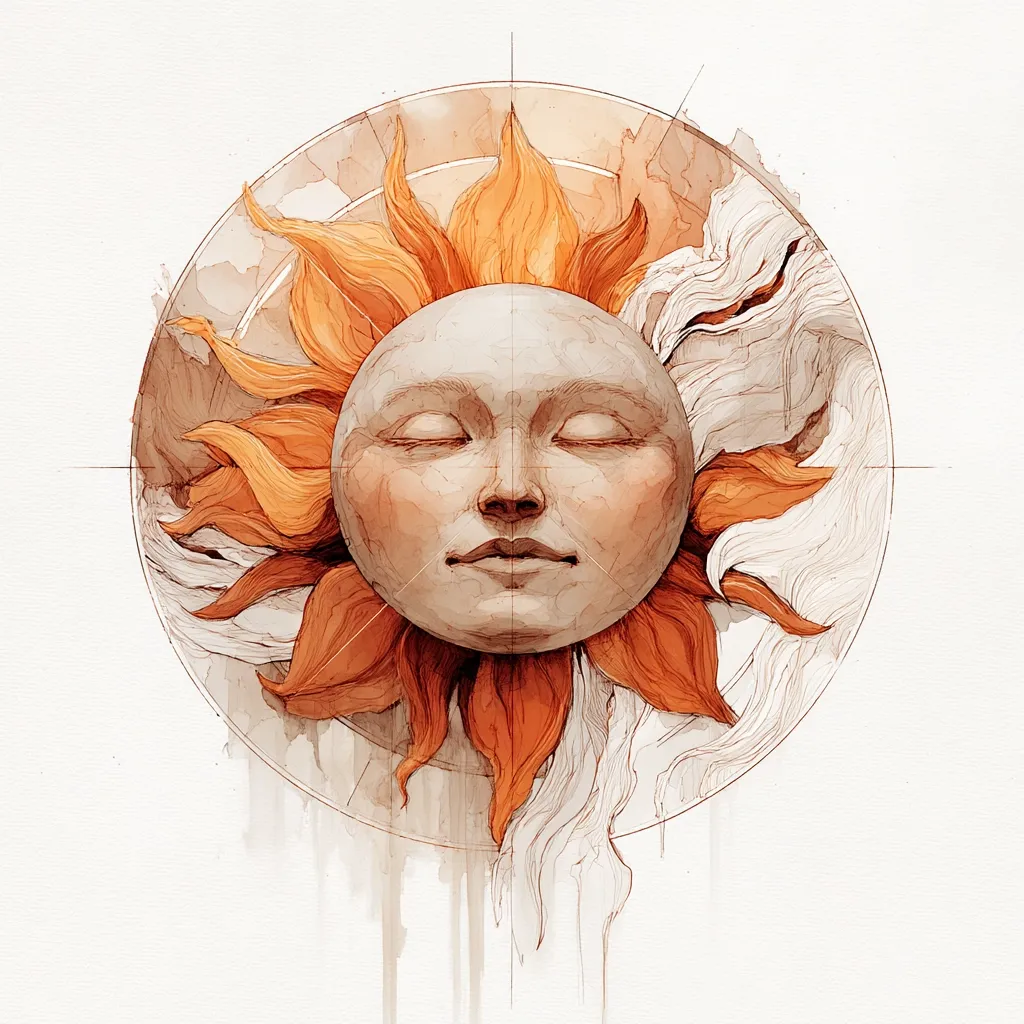 A serene watercolor painting depicts a sun with a human face. The face is calm, eyes closed, and centered within a radiant, orange sunburst.  Subtle, flowing lines extend from the sun, creating a sense of movement and ethereal beauty.  The artwork uses a muted palette with hints of sepia and orange, lending a mystical and tranquil atmosphere.  A circular, faintly sketched guideline suggests a deliberate artistic process.