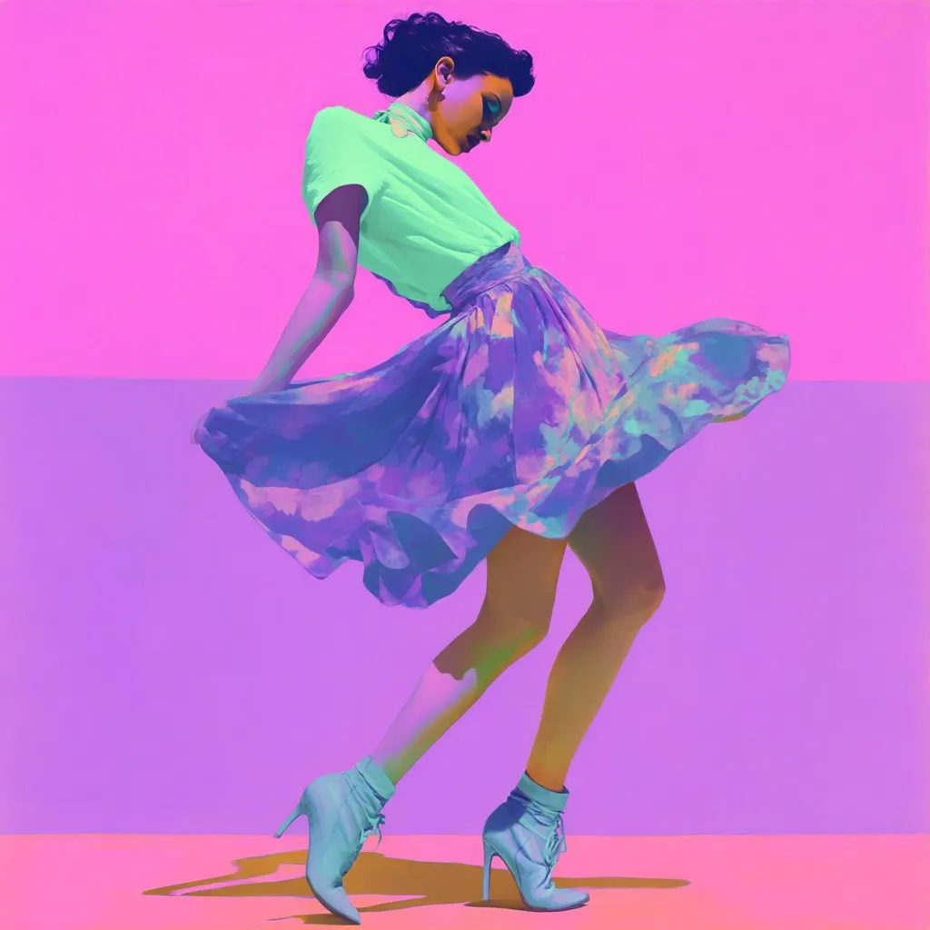 A stylized illustration depicts a woman in motion. She wears a mint green short-sleeved shirt and a swirling, pastel purple and blue patterned skirt.  Her posture is dynamic, suggesting a twirl or dance.  She's clad in light blue ankle boots with laces, against a vibrant pink and purple background. The overall aesthetic is bold and graphic, with saturated colors and a smooth, almost painterly quality.