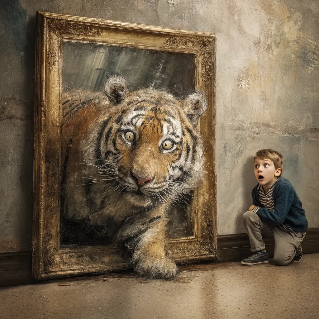 A young boy stares in awe and slight fear at a large tiger emerging from an antique picture frame. The tiger, rendered in a painterly style, seems to step out of the painting, creating a surreal and captivating scene. The juxtaposition of the realistic boy and the fantastical tiger highlights the imaginative power of art and the unexpected.  The setting is a dimly lit room with textured walls, enhancing the mysterious mood.