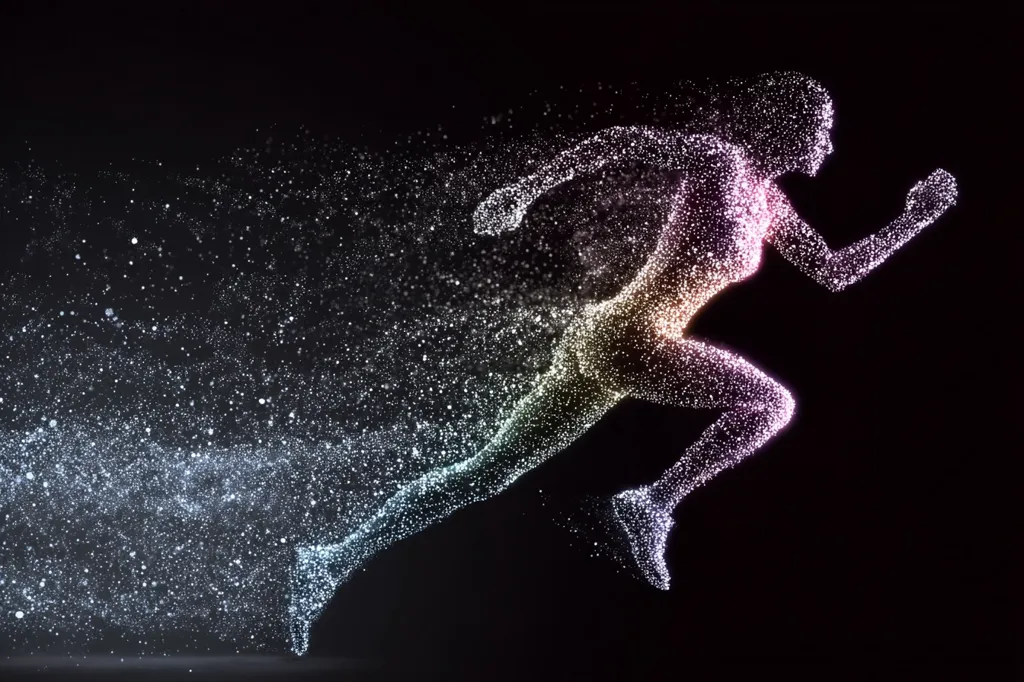 A stylized image depicts a runner in motion, their form composed of countless shimmering particles.  The figure is dynamic, legs extended, arms pumping, suggesting speed and energy. A trail of similar particles streams behind, creating a sense of motion blur. The color palette shifts subtly from cool to warm tones, adding visual depth.  The dark background emphasizes the luminous runner, creating a powerful and abstract representation of athleticism.