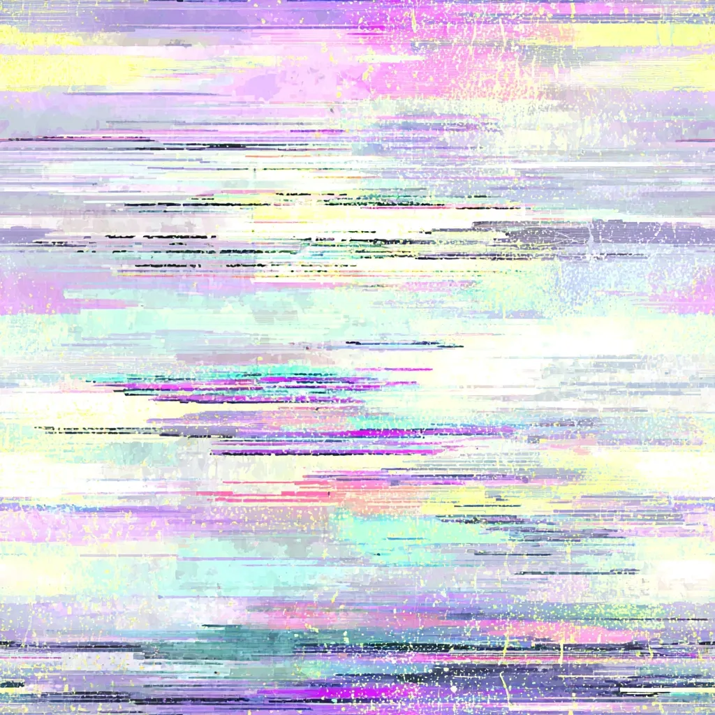 The image displays an abstract composition resembling a glitched or distorted digital screen. Horizontal stripes of pastel colors—lavender, mint green, pale yellow, and pink—overlap and intersect, creating a visually busy effect.  The colors are muted and slightly faded, interspersed with sporadic darker lines and speckled textures, mimicking static or digital noise. The overall impression is one of ethereal chaos and vibrant, yet soft, hues.