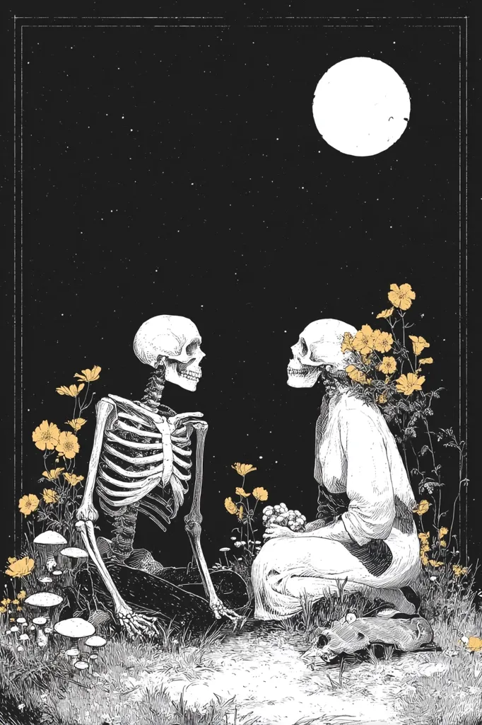 Under a large, bright moon, two skeletons sit amidst a field of yellow flowers and mushrooms.  One skeleton is clothed in a long robe, while the other is bare bones. They face each other, creating a poignant scene of quiet contemplation or companionship in a darkly romantic, ethereal setting.  The stark black and white illustration is accented by the warm yellow of the blossoms.