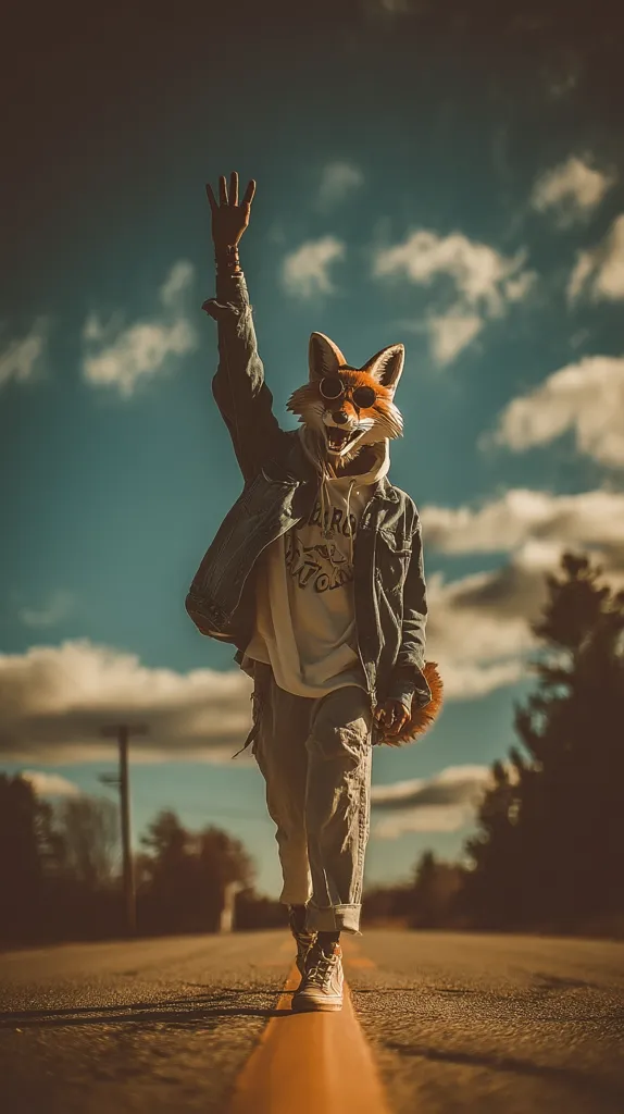 A person wearing a fox mask and denim jacket walks down a road, one hand raised in greeting.  The image is stylized with a vintage filter, enhancing the warm tones of the setting sun and cloudy sky.  The fox mask adds a playful, surreal element to the otherwise ordinary scene. The figure’s casual attire and relaxed posture suggest a sense of freedom and adventure.