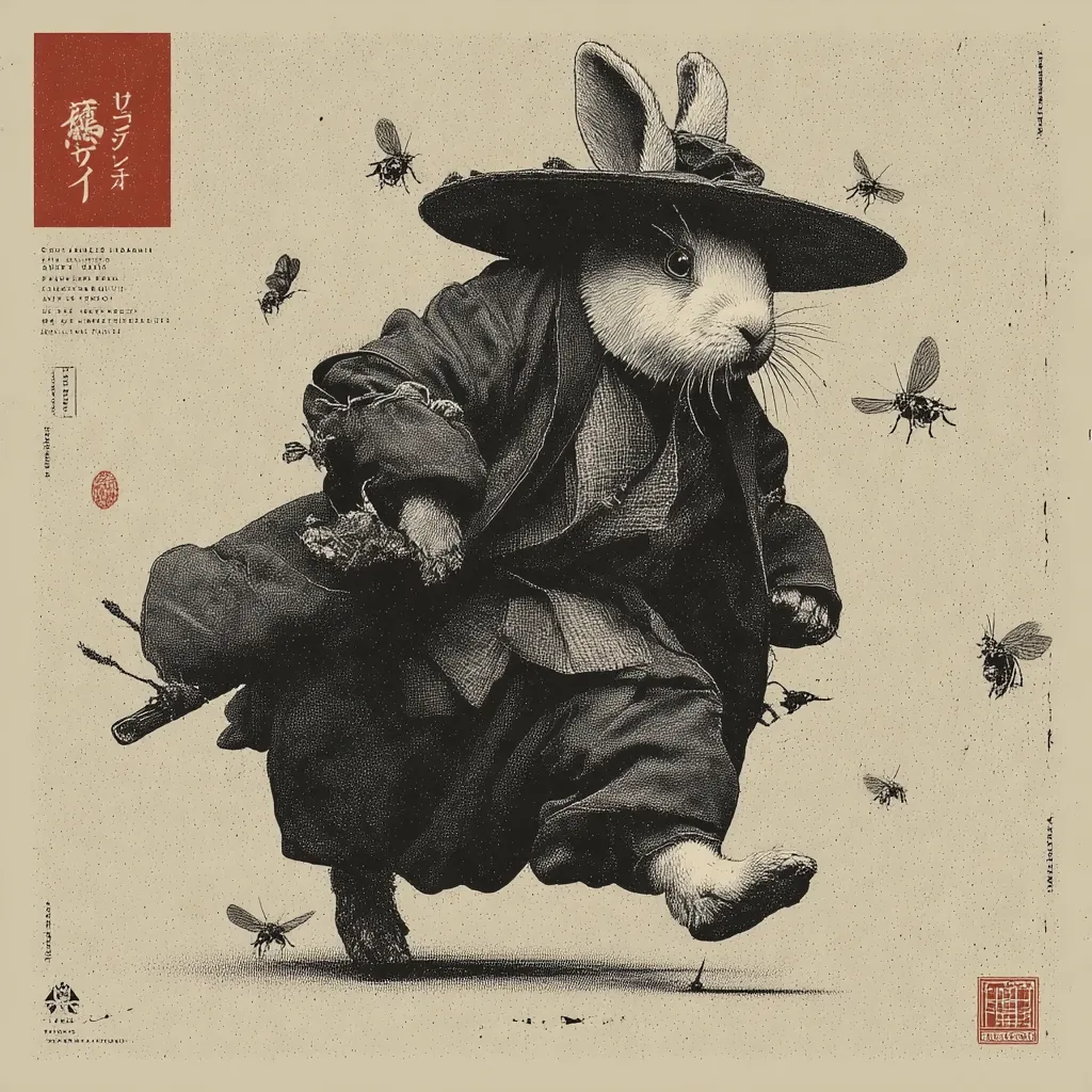 A monochrome illustration depicts a rabbit, dressed in traditional Asian attire, striding purposefully.  The rabbit wears a wide-brimmed hat and carries what appears to be a sword.  Several insects, possibly flies, surround it. The style is reminiscent of a vintage woodblock print or etching, conveying a sense of movement and mystery.  Japanese text is visible in the corner.
