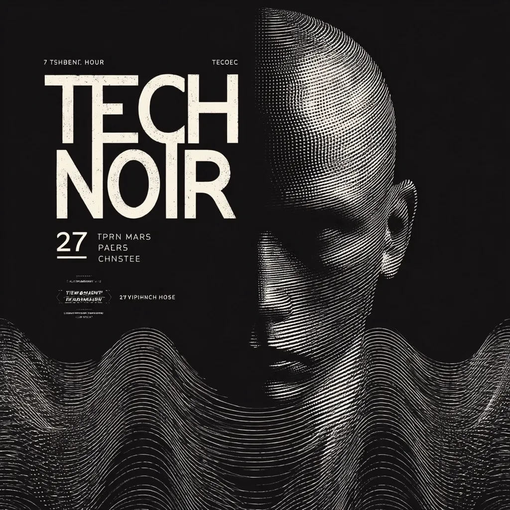 A stark black and white poster advertises "Tech Noir 27," a techno music event.  The design features a stylized, halftone-printed portrait of a bald head and shoulders, partially obscured by flowing, wavy lines.  The event's date and a list of performers (Tprn Mars, Paers, Chnstee, Tiew Ghalcvp, Iradmaidn, 27 Vipihnch Hose) are prominently displayed.  The overall aesthetic is minimalist and futuristic.