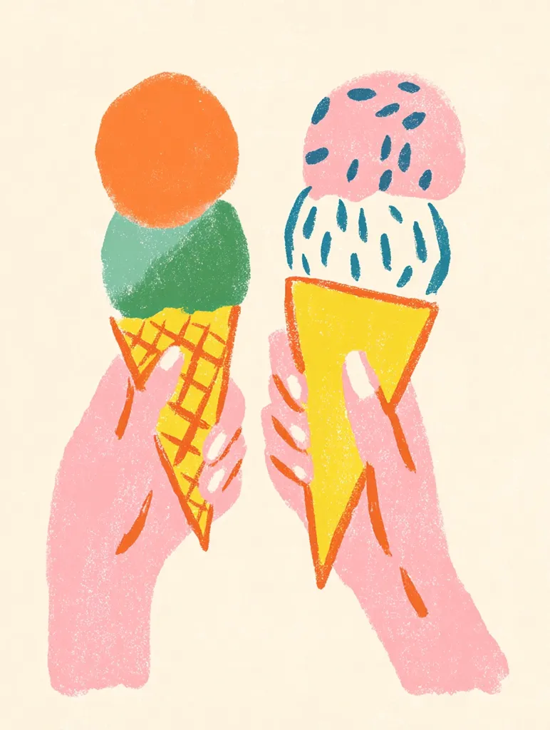 Two hands hold ice cream cones. One cone has orange, green scoops; the other has pink, white scoops with blue sprinkles.  The cones are yellow and textured. The hands are stylized, pink, and simple. The style is reminiscent of children's illustrations, playful and vibrant.  The background is a light beige.