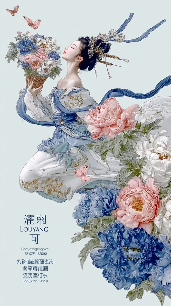 A delicately painted woman in flowing, ornate robes holds a bouquet of peonies.  Butterflies flutter around her.  She is styled in a manner reminiscent of classical Chinese art.  The image is soft, ethereal, and features a palette of pastel blues, pinks, and whites. The background includes more peonies and a soft, pale blue sky.  The overall impression is one of beauty and serenity.