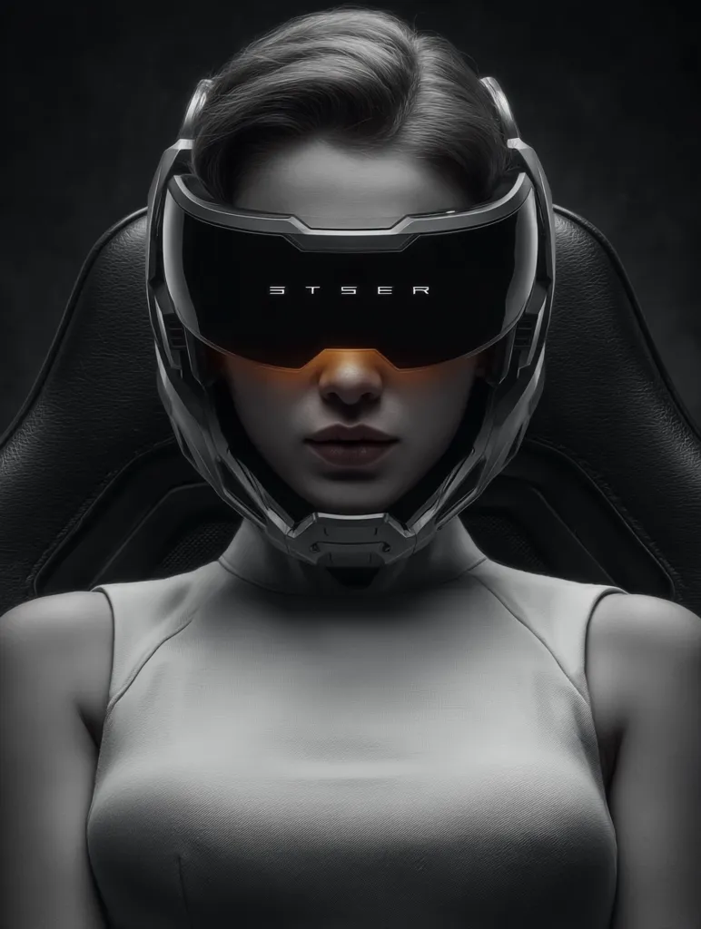 A woman with short hair sits in a black chair wearing a sleek, futuristic helmet with a visor displaying the word "STSER." The helmet's orange glow illuminates her face, enhancing the image's dramatic, grayscale aesthetic. Her simple, light-colored sleeveless top contrasts with the dark helmet and background, creating a striking visual effect. The overall tone suggests a science fiction or cyberpunk theme.