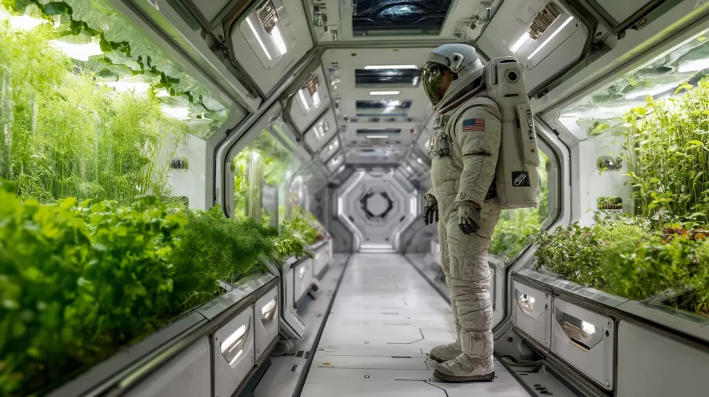 An astronaut in a spacesuit stands in a futuristic, white corridor lined with hydroponic plant growth units.  Lush greenery thrives under artificial lights within the enclosed systems, suggesting a self-sustaining life support system for space travel or a long-term space habitat. The scene evokes a sense of advanced technology and the possibility of human colonization beyond Earth.