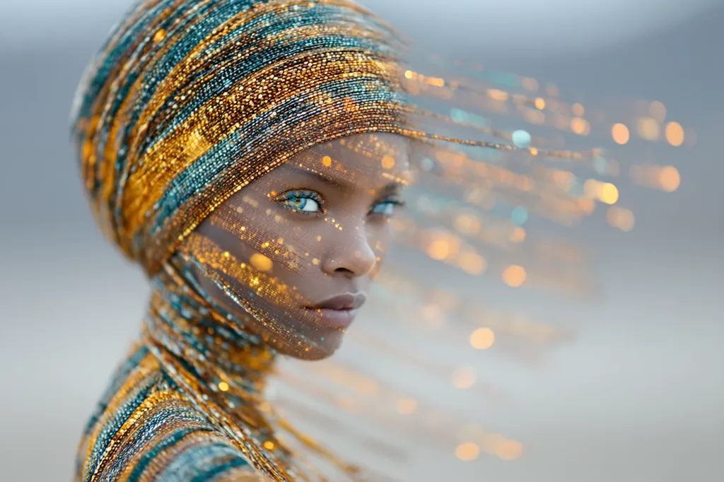 A captivating portrait of a woman adorned in a shimmering, gold and teal headwrap and garment.  Her striking gaze is accentuated by sparkling, ethereal trails of light that blend with her attire, creating a surreal and magical effect. The background is softly blurred, focusing attention on the model's intense expression and dazzling outfit.  The image suggests a blend of cultural richness and otherworldly beauty.