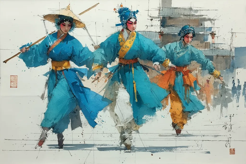 A watercolor painting depicts three female figures in vibrant teal and orange Chinese opera costumes.  They are dynamically posed mid-movement, suggesting a lively performance. One carries a long staff.  The background features a muted cityscape, rendered with loose brushstrokes, adding depth and context to the scene. The artist's signature is visible in the lower right corner.