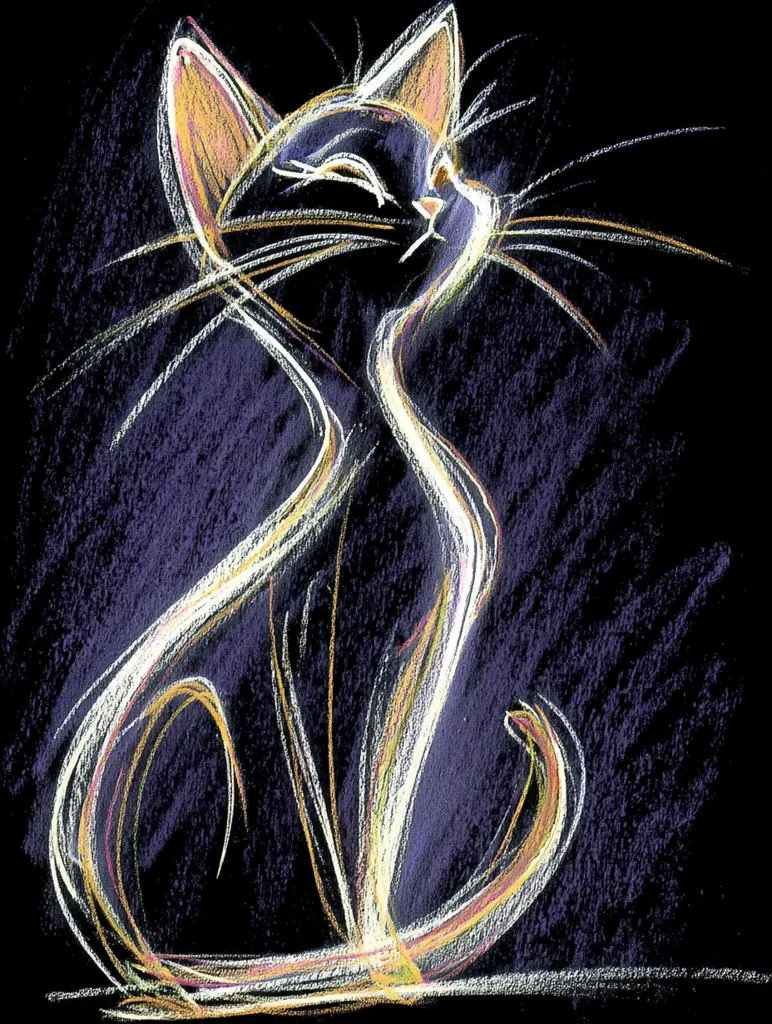 A stylized sketch of a cat, rendered in pastel hues of white, yellow, and orange against a dark purple background. The cat's form is depicted with flowing, dynamic lines, suggesting movement and grace.  Its eyes are softly closed, conveying a sense of serenity and contentment. The artistic style is expressive and abstract, emphasizing the cat's essence rather than precise anatomical detail.