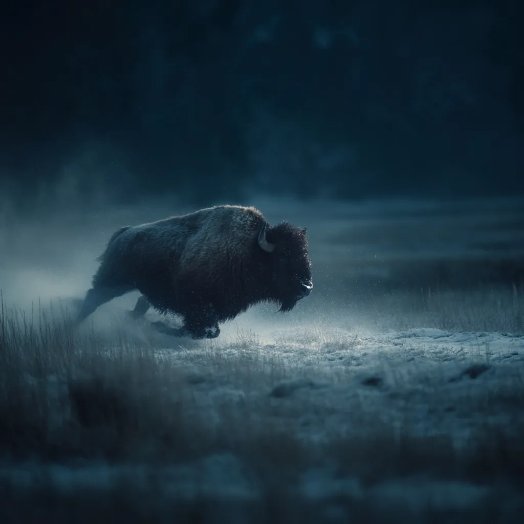 A majestic American bison powerfully runs across a snowy, dimly lit landscape.  Dust and snow spray from its hooves as it moves with incredible speed. The dark, moody atmosphere creates a dramatic and awe-inspiring image of the wild animal in its natural habitat.  The bison is sharply in focus, contrasting with the blurred background.